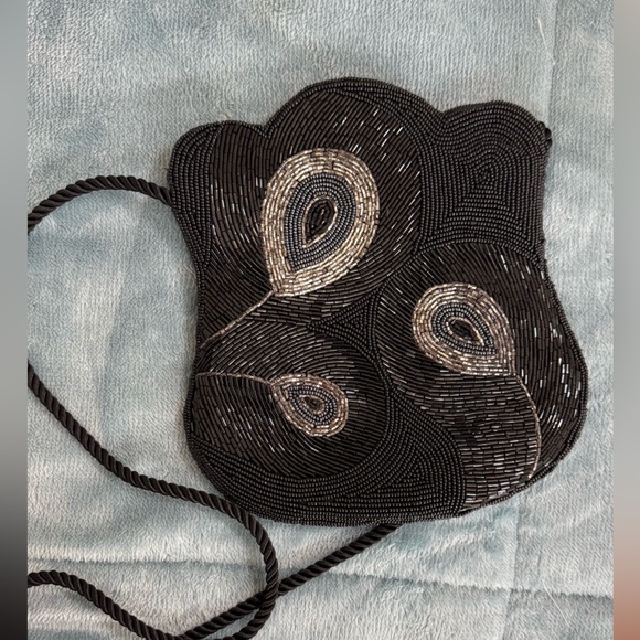 Handbags - Black and Silver Beaded Clutch